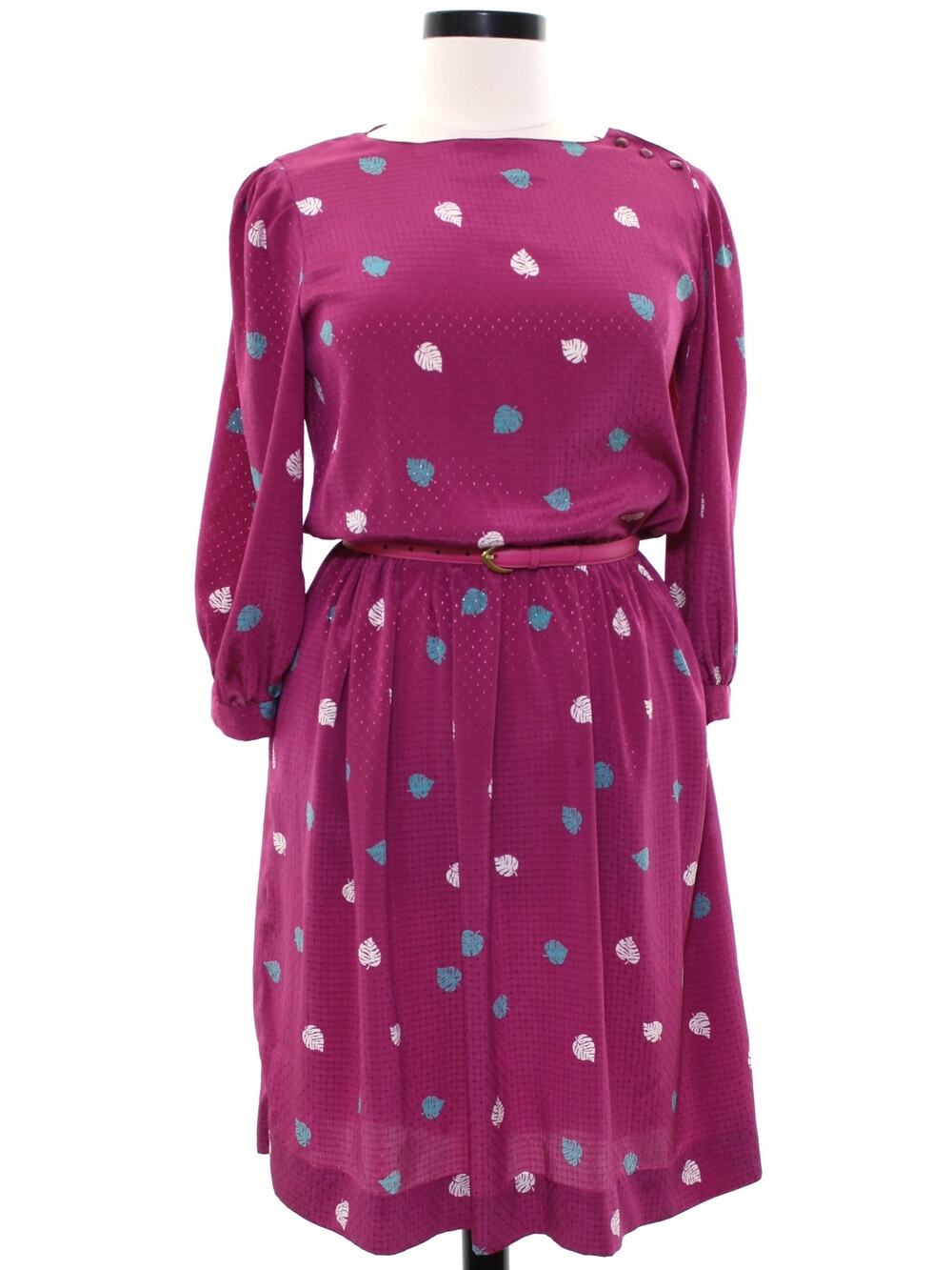 Vintage 1970s Purple Floral Midi Dress Handmade Belted Long Sleeve Woman Medium